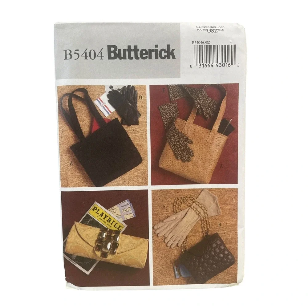 Butterick B5404 Bags Gloves‎ Tote Clutch Accessory Sewing Pattern One Size